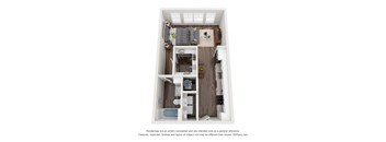 A 3D floor plan of a small apartment with a kitchen, living room, and bathroom.