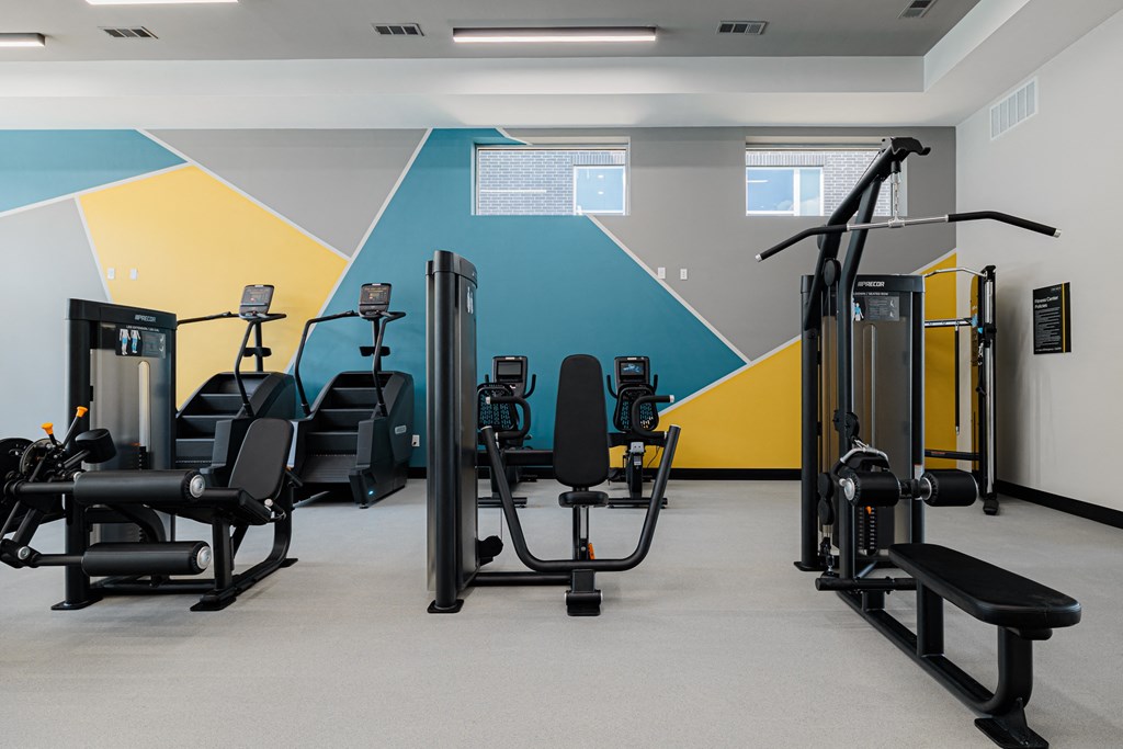 a room with a lot of exercise equipment and a colorful wall
