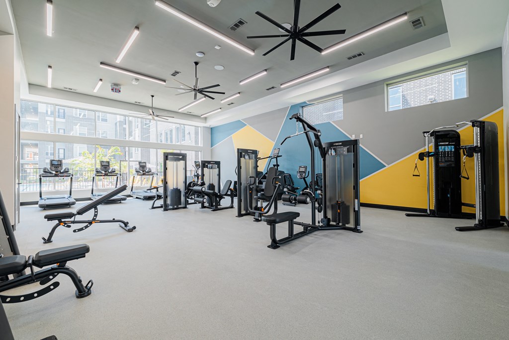 a large fitness room with exercise equipment and windows