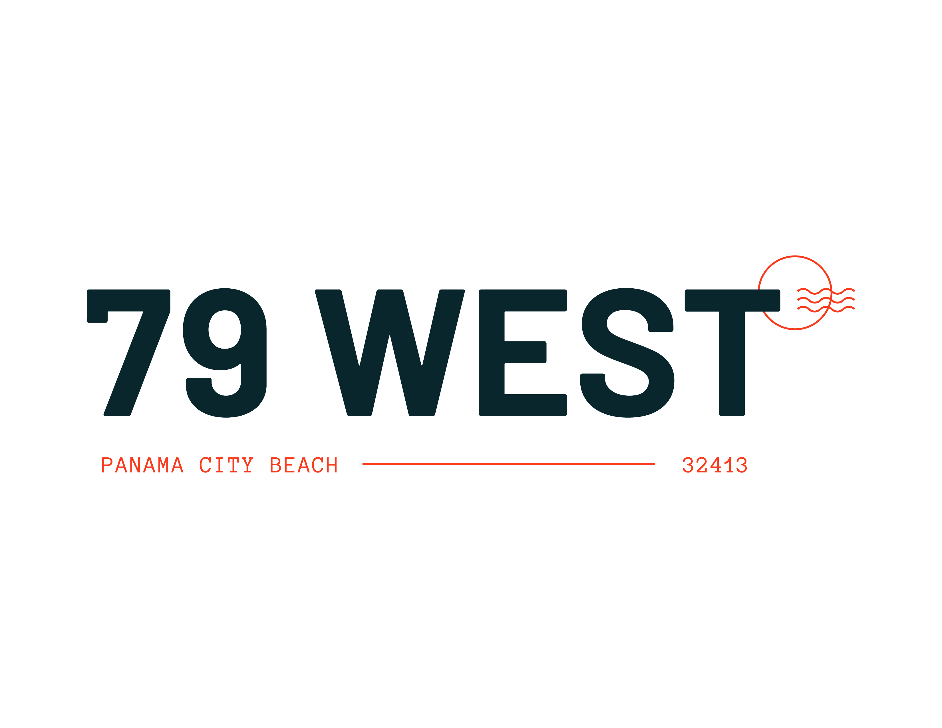 A graphic with the text "79 WEST" and "Panama City Beach" along with a small logo and the number "32413".