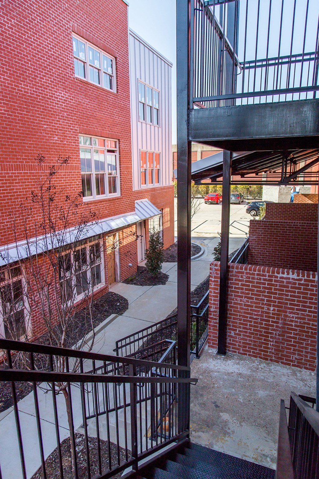 a view of the courtyard from the top of the stairs