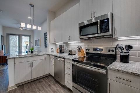 A modern kitchen with a stove top oven and microwave above it.