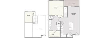 A floor plan of a house with a bedroom, living room, and bathroom.