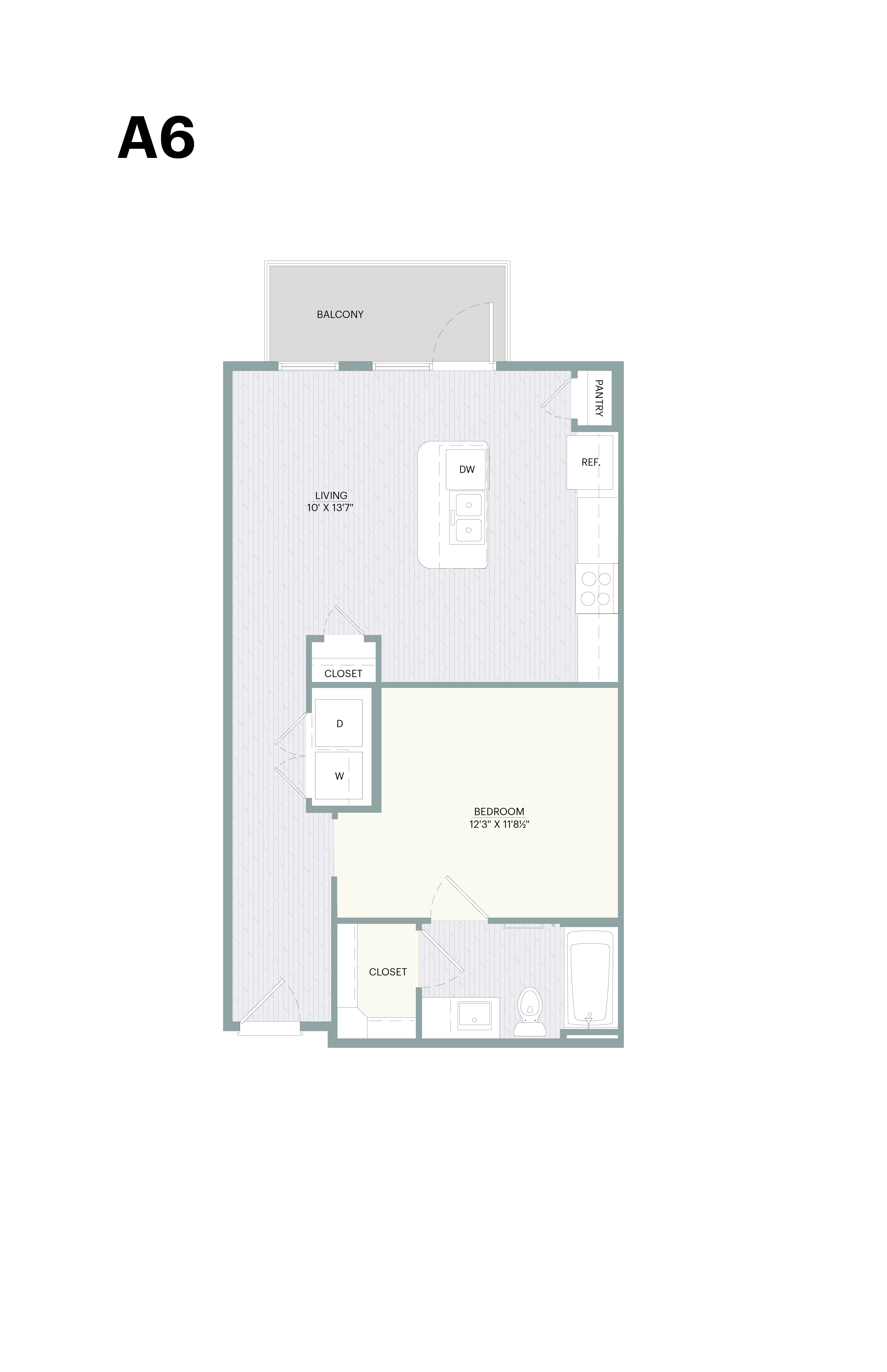 A6 floor plan with labeled rooms.