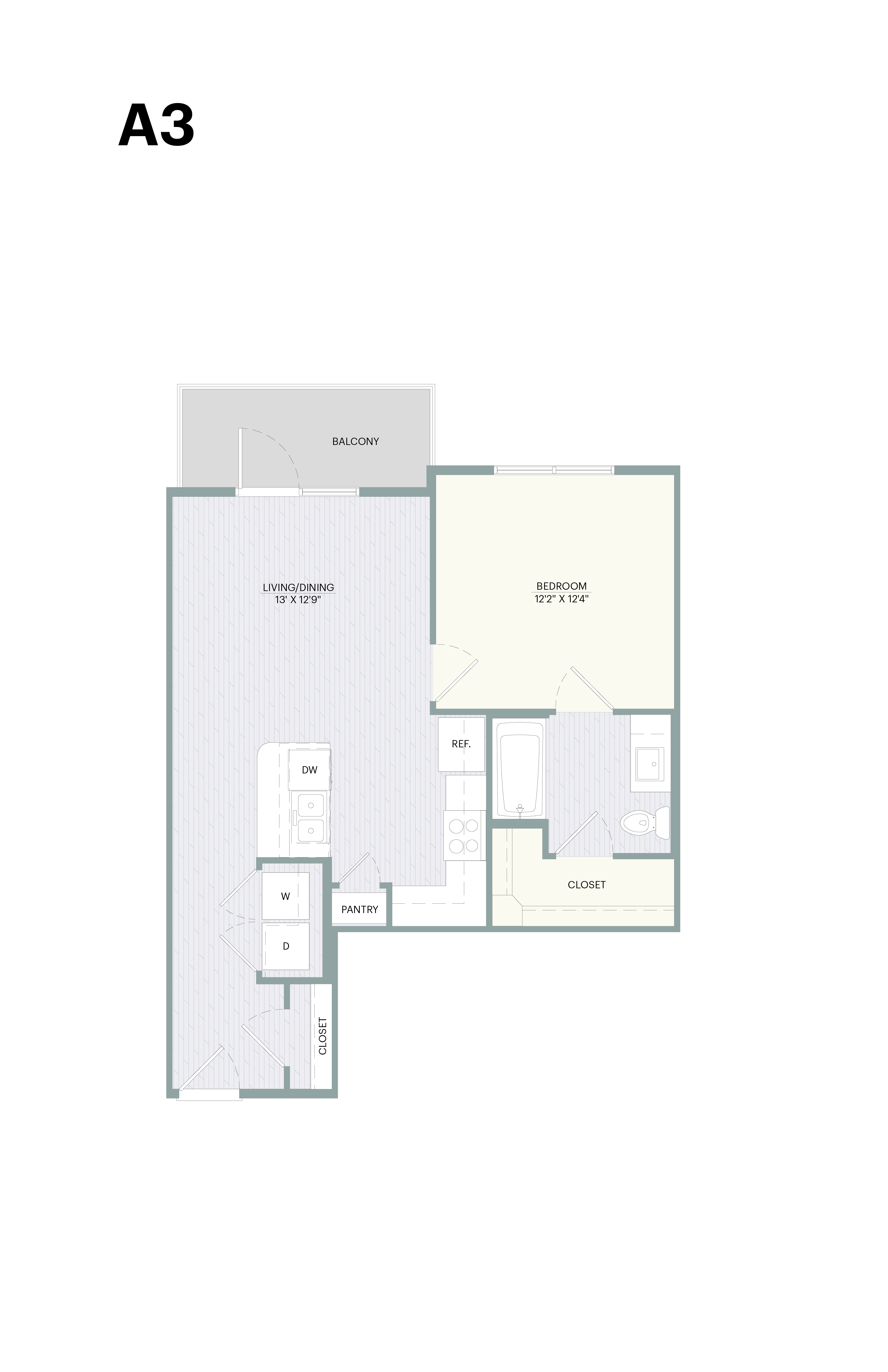 A drawing of a floor plan for a room with a living room, dining room, kitchen, and bathroom.