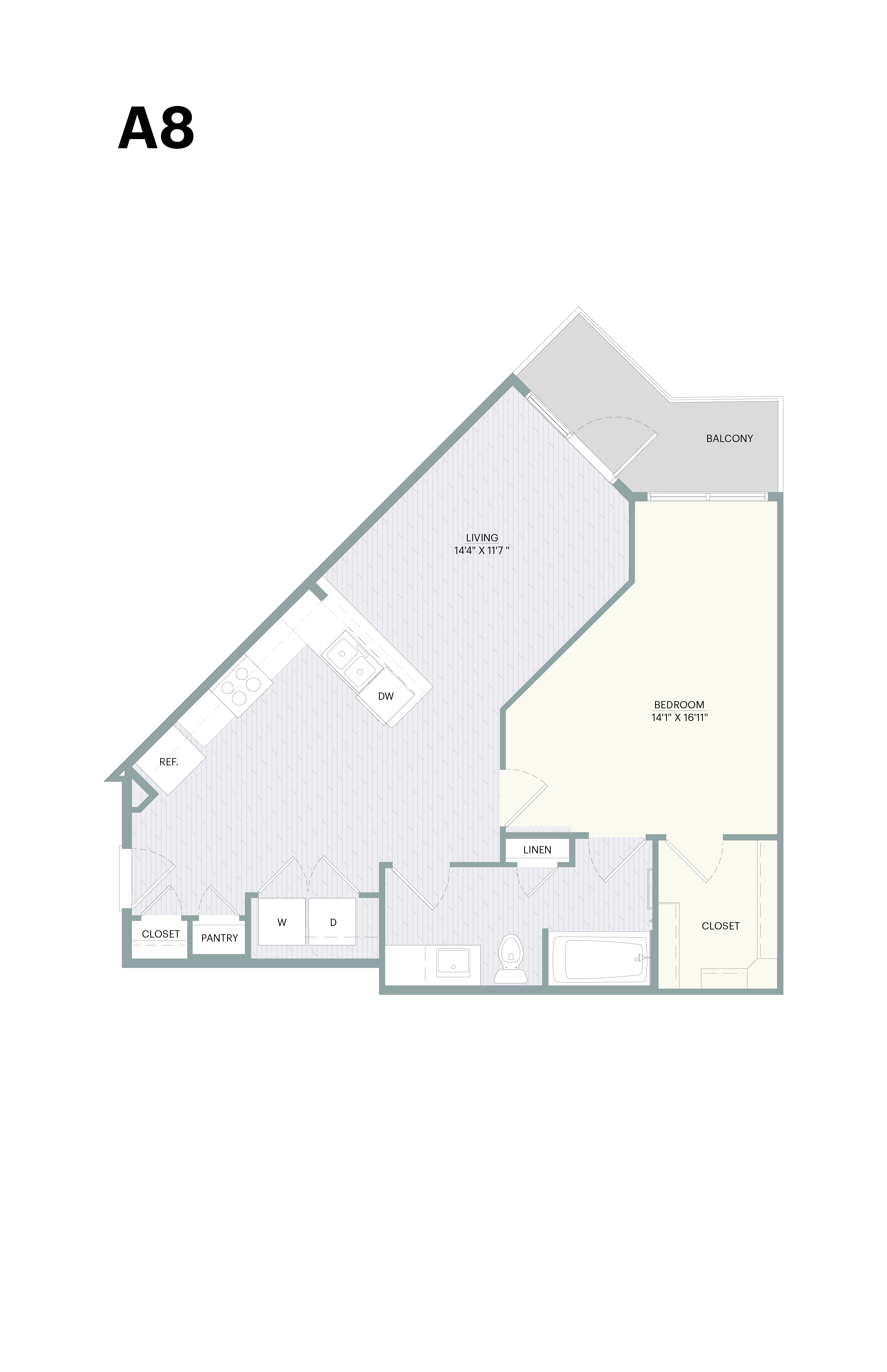 A drawing of a house with a living room, dining room, kitchen, and two bathrooms.