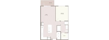 A floor plan of a balcony apartment with a living room, bedroom, and closets.