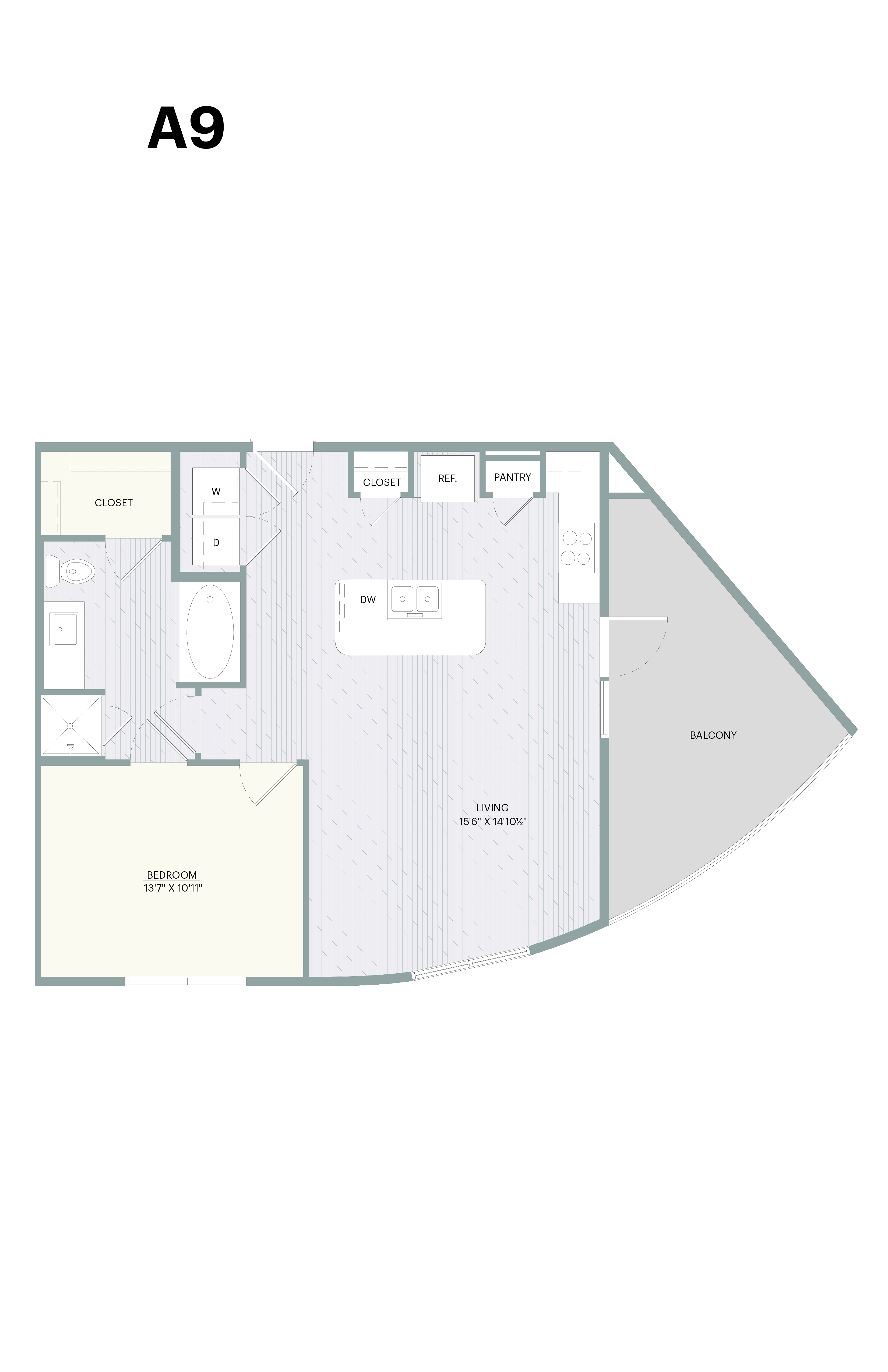 A9 floor plan with kitchen, living room, and bathroom.