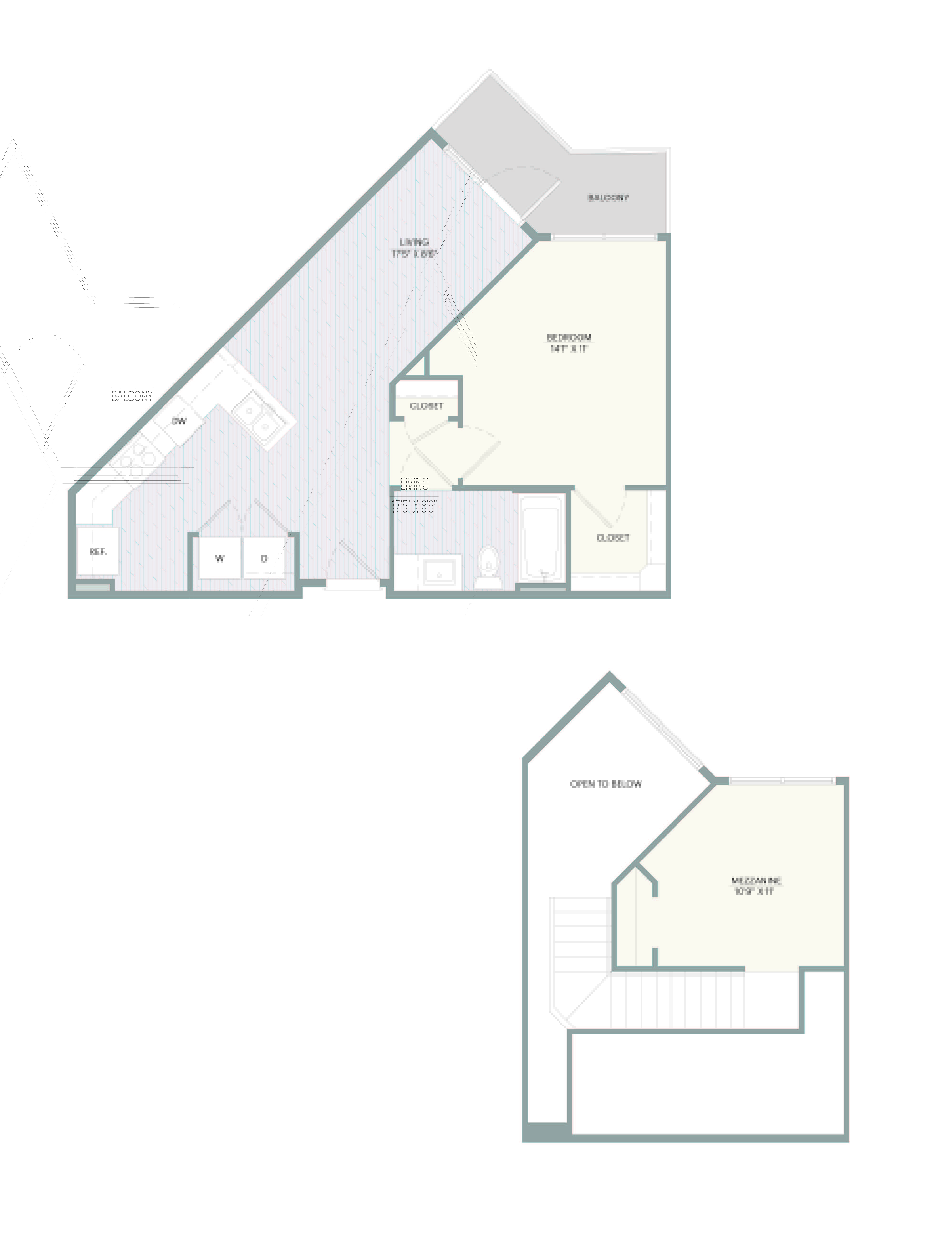 A floor plan of a house with a living room, dining room, kitchen, and two bathrooms.
