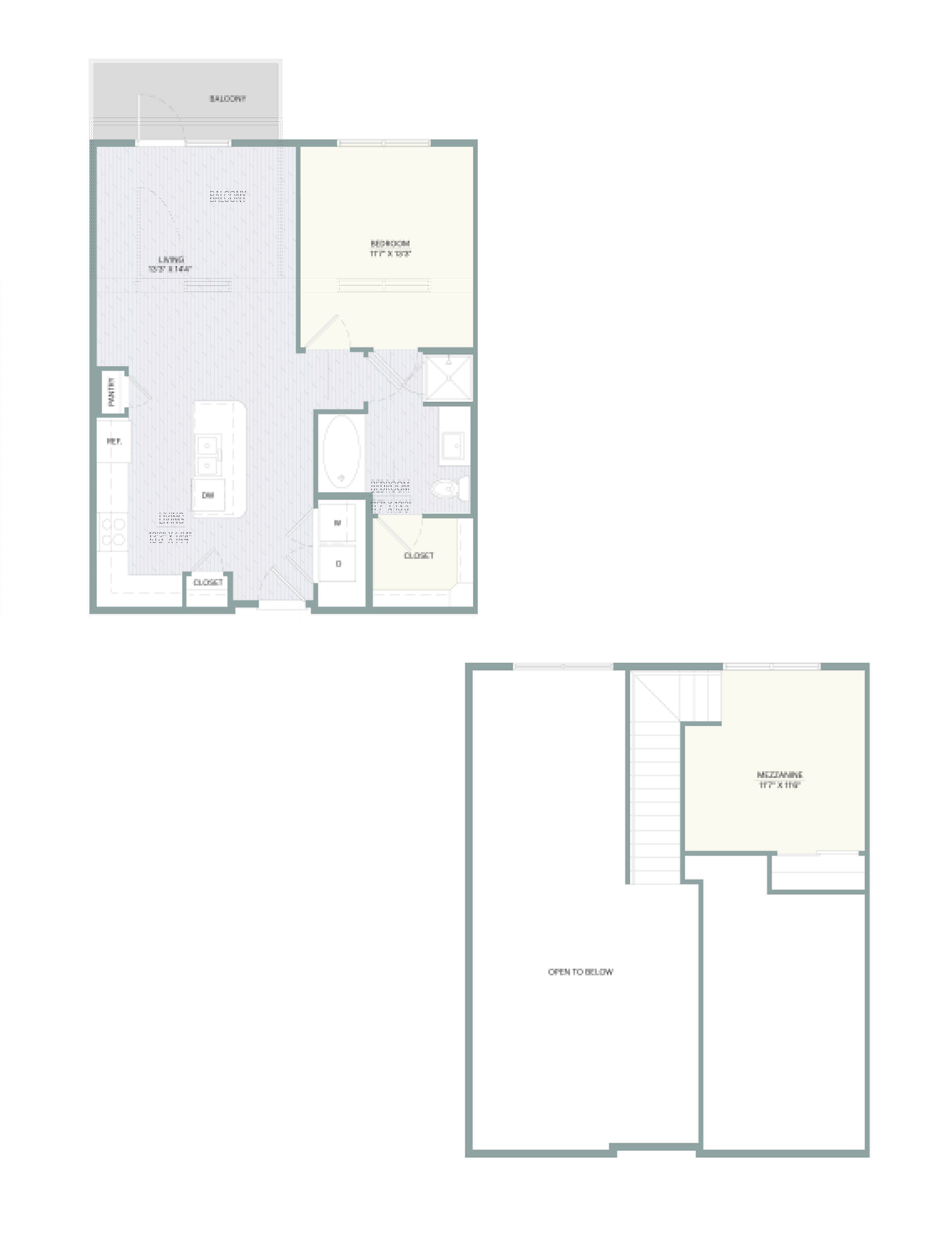 A floor plan of a house with a balcony, living room, dining room, kitchen, and two bathrooms.