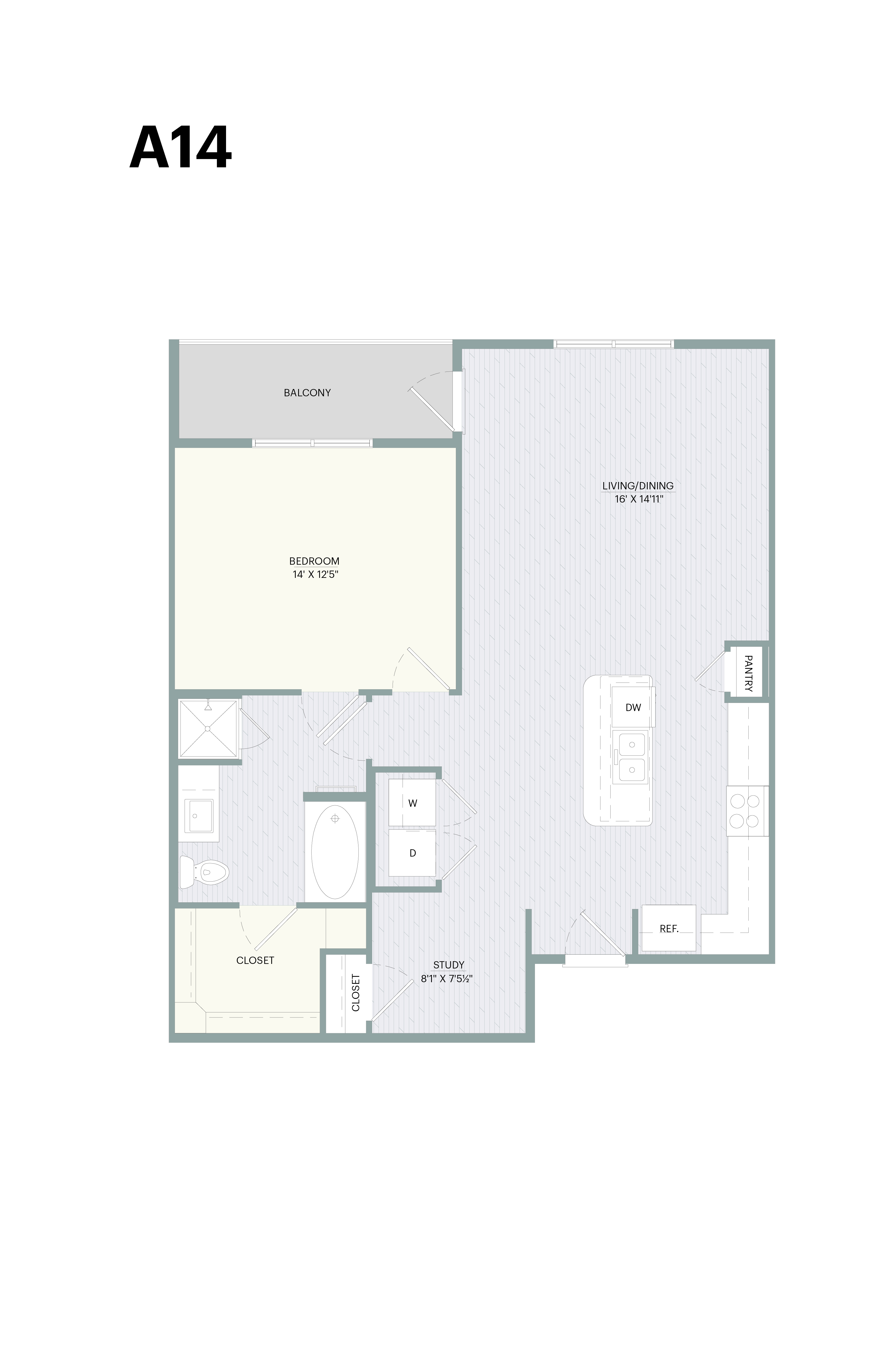 A floor plan of apartment A14 with labeled rooms.