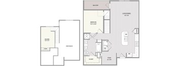 A floor plan of a house with a balcony, living room, dining room, kitchen, and two bedrooms.