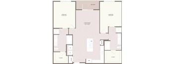 A floor plan of a house with a balcony, two bedrooms, a living/dining area, and two closets.