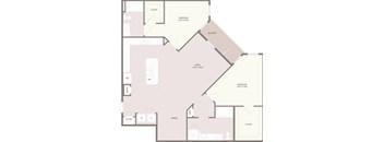 A floor plan of a house with two bedrooms, a living room, a dining room, a kitchen, a bathroom, and a balcony.