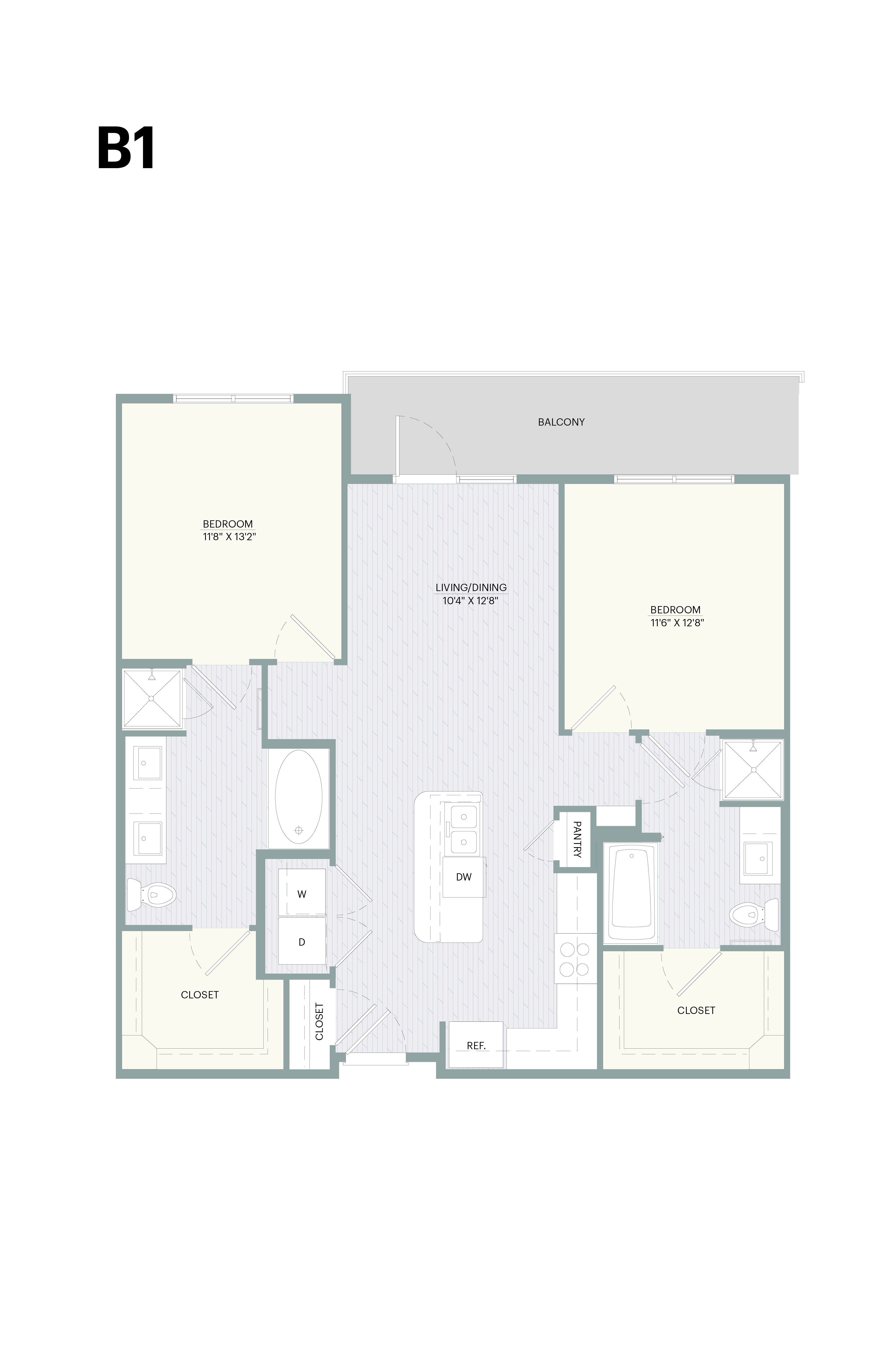 A floor plan of apartment B1 with a kitchen, living room, and two bedrooms.
