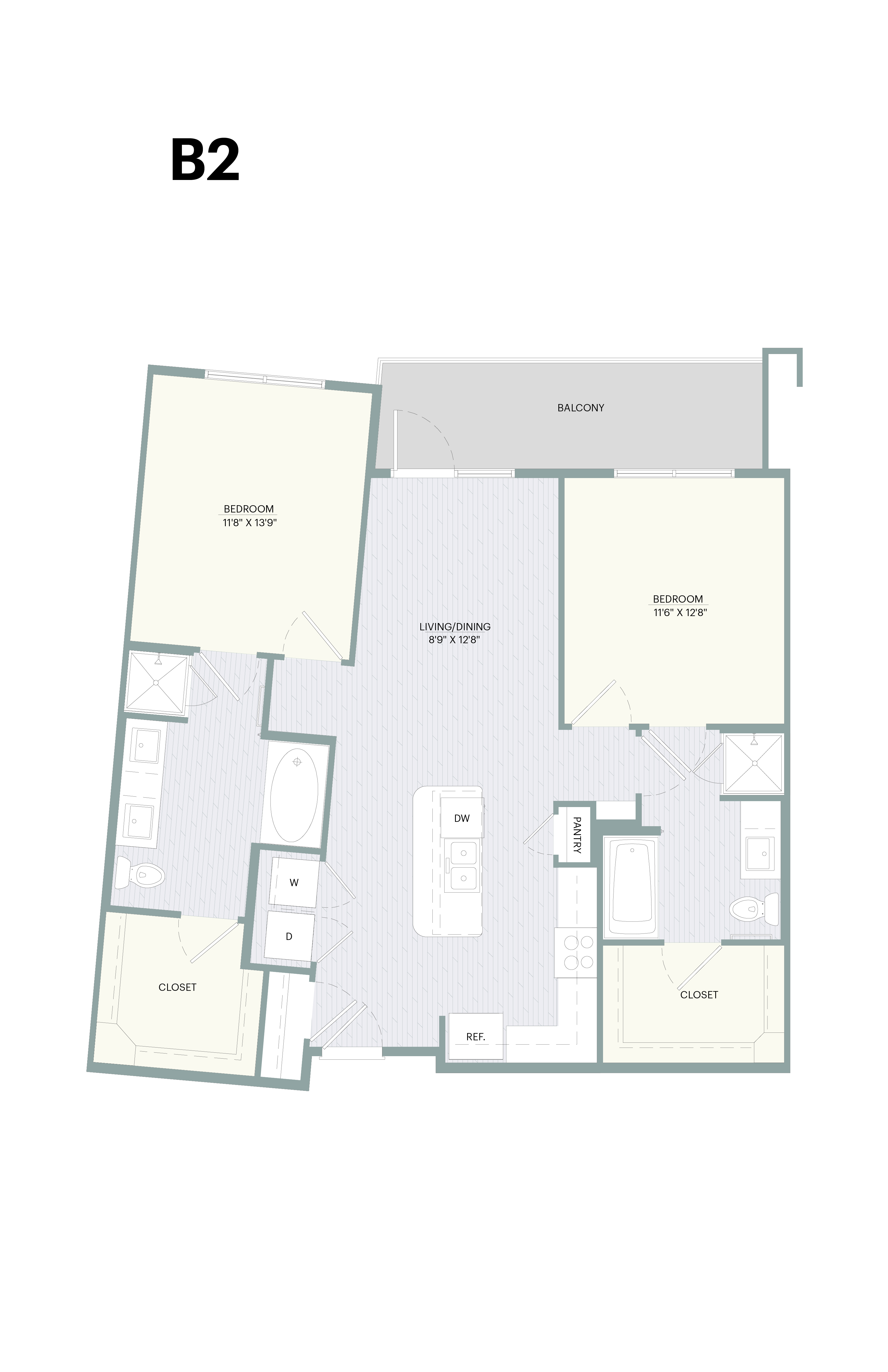 A floor plan of apartment B2 with two bedrooms, a living room, a kitchen, a bathroom, and a balcony.