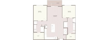 A floor plan of a house with two bedrooms, a living room, a bathroom, a kitchen, a dining room, and two closets.