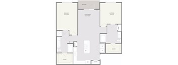 A floor plan of an apartment with two bedrooms, a living room, a panorama window, and closets.