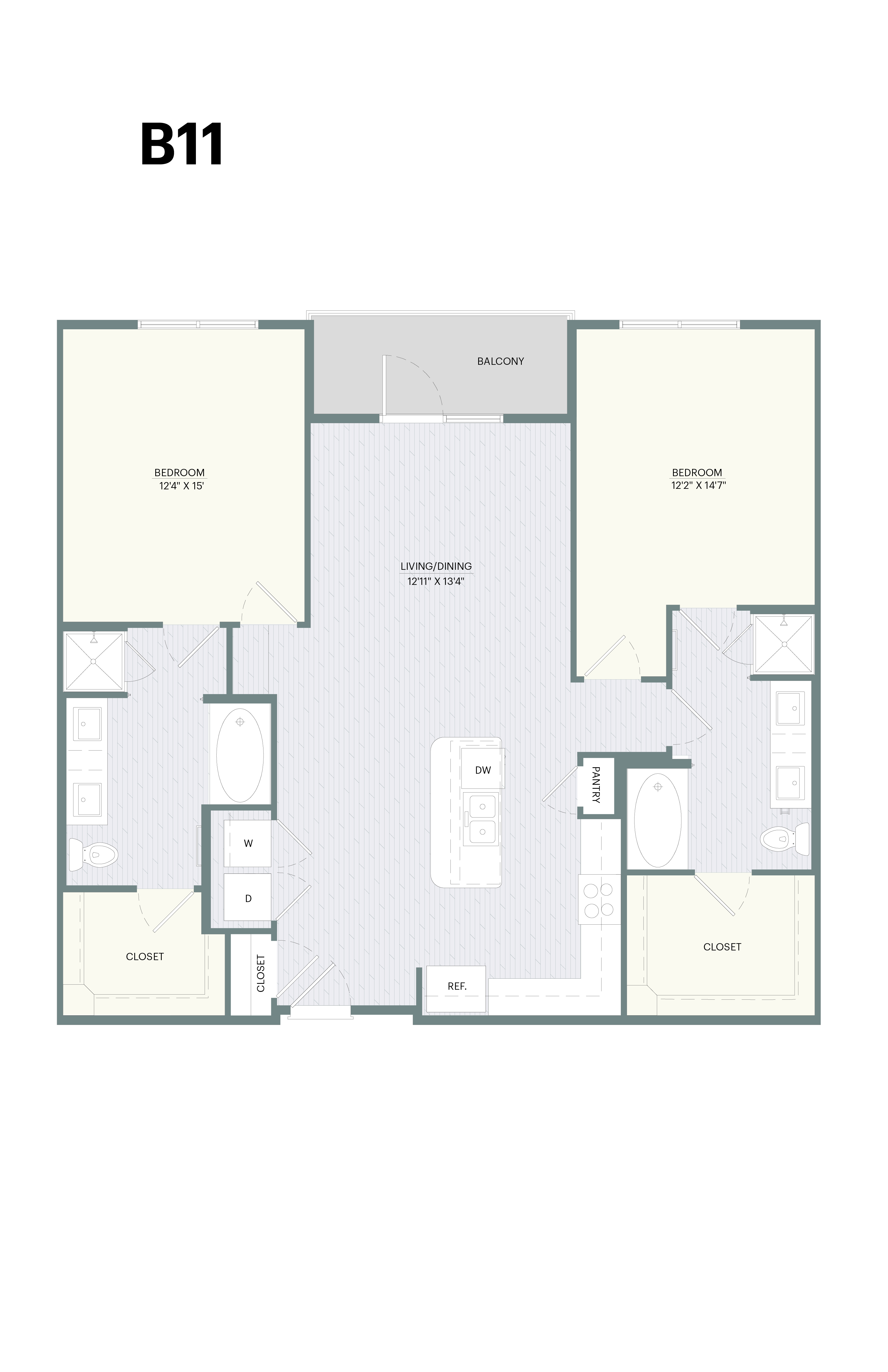 A floor plan of apartment B11 with labeled rooms.