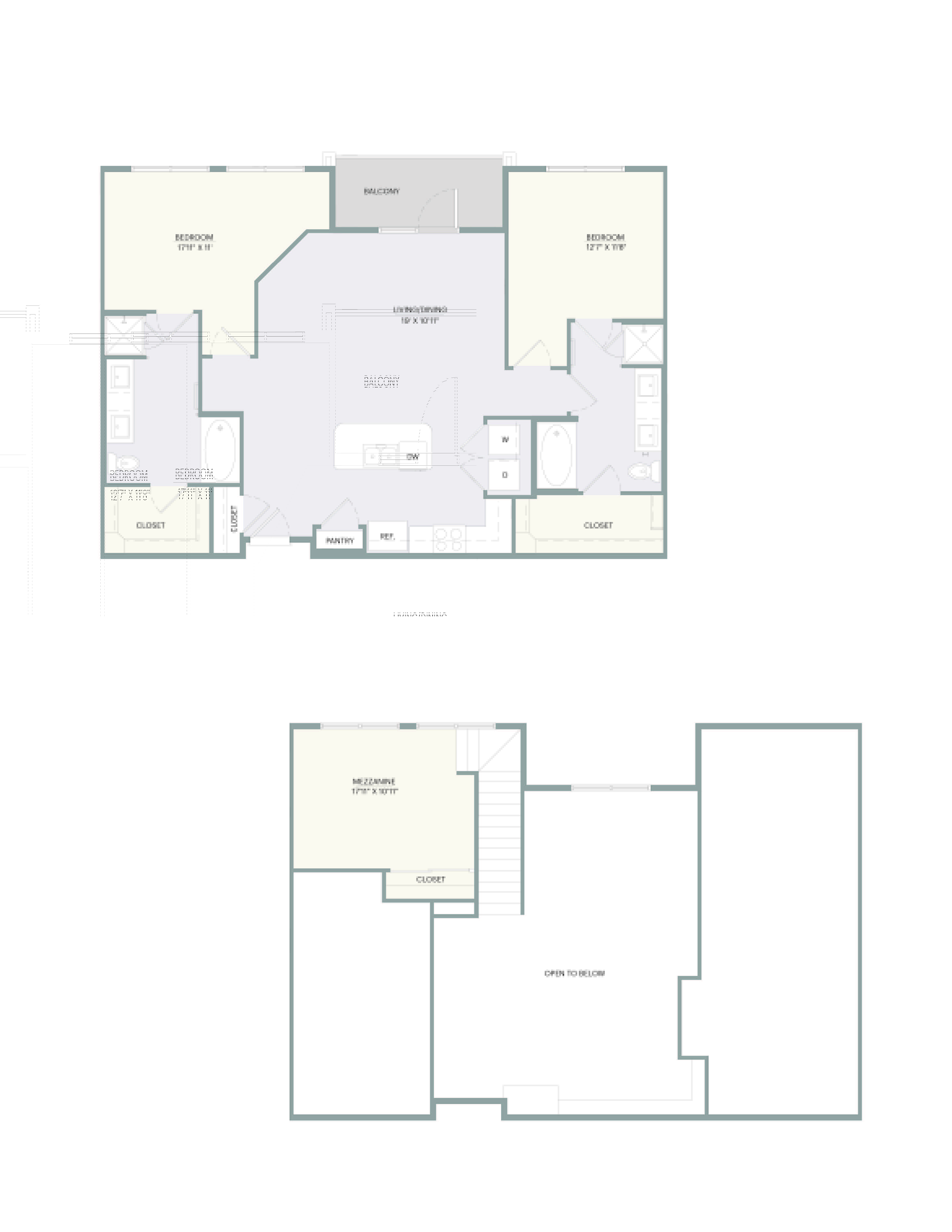 A floor plan of a house with a living room, dining room, kitchen, and two bathrooms.