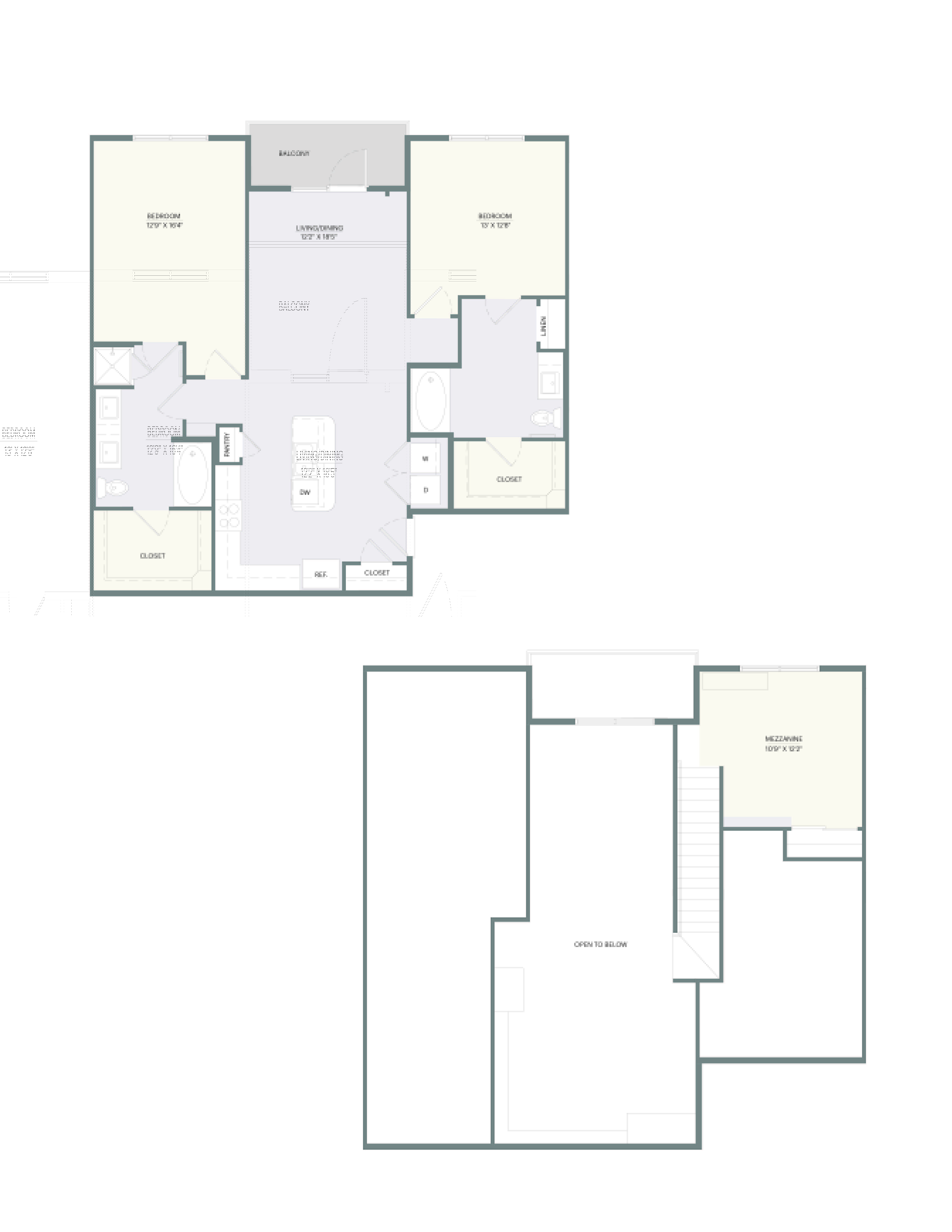 A floor plan of a house with two bedrooms, a living room, a kitchen, and a bathroom.