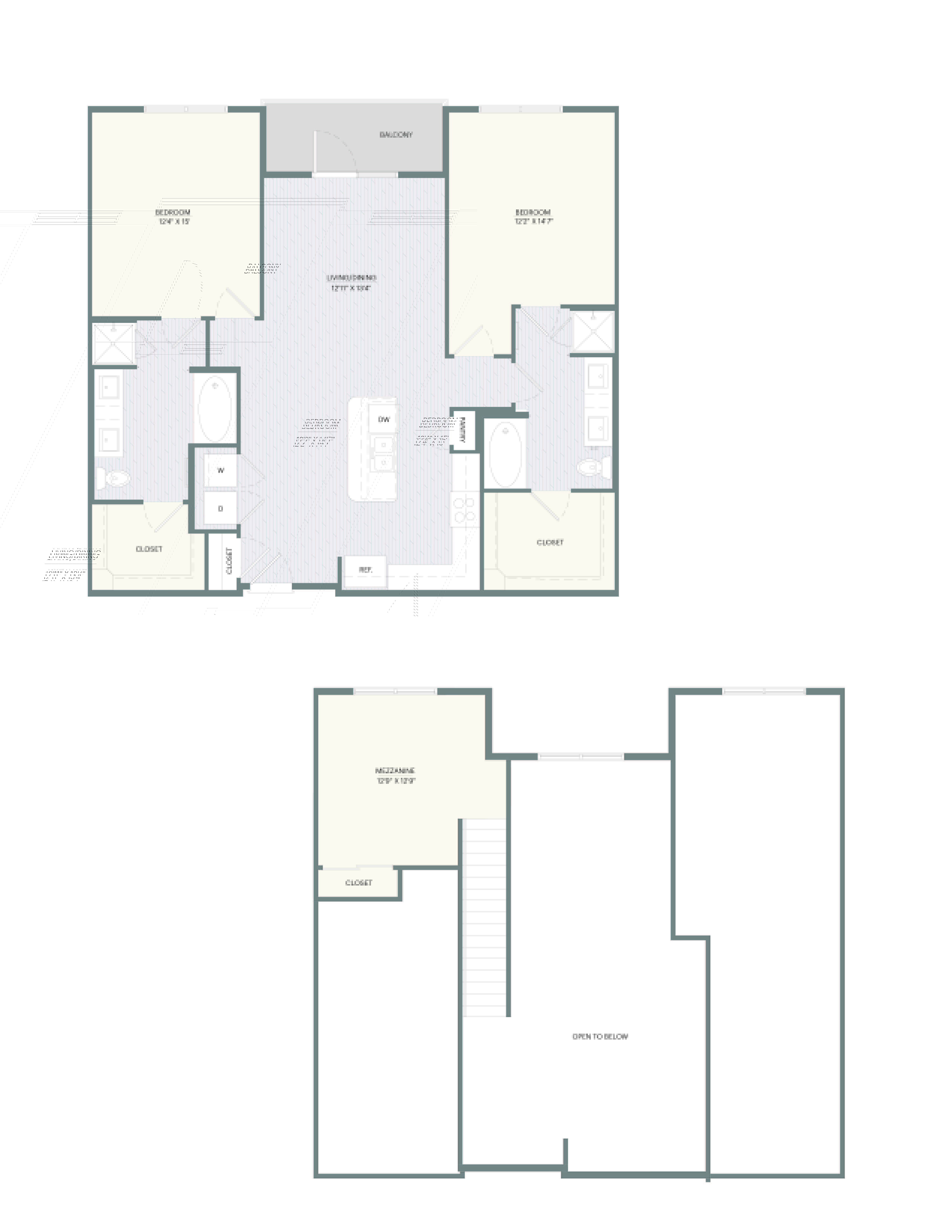 A floor plan of a house with two bedrooms, a living room, a kitchen, and a bathroom.