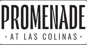 A black and white logo that says Promenade at Las Colinas.