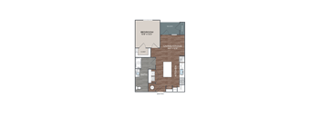 A floor plan of a small apartment with a bedroom, living/dining area, kitchen, and bathroom.