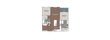 A floor plan of a small apartment with two bedrooms, a living/dining area, a kitchen, a bath, and a laundry room.