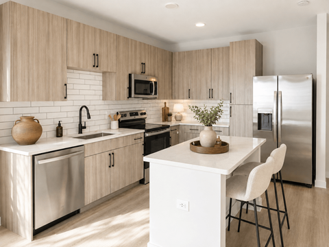 A modern kitchen with wooden cabinets and stainless steel appliances.