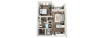 A 3D floor plan of a small apartment with a bedroom, living room, and kitchen.