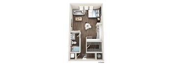 A1 Studio apartment layout with a bed, desk, and kitchenette.