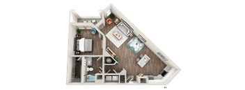 A detailed 3D floor plan of a house showing all rooms and furniture layout.