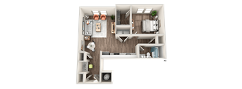 A 3D floor plan of a small apartment with a kitchen, living room, and bedroom.