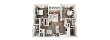 A top-down view of a house layout with multiple rooms and furniture.