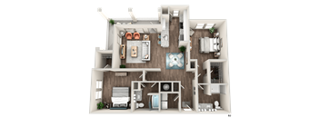 A 3D rendered image of a house layout.