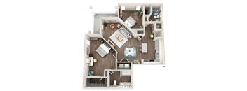 A 3D floor plan of a house layout.