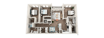 A 3D rendered image of a house layout with multiple rooms and furniture.