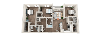 A 3D rendered image of a house layout.