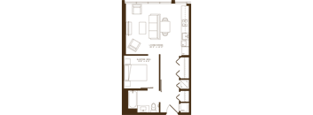 A floor plan of a living and sleeping area with dimensions.