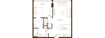 A floor plan of a house with a living room, dining room, and kitchen.