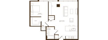 A floor plan of a house with a bedroom, closet, and living/dining area.