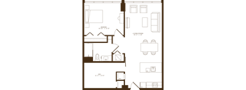 A floor plan of a house with a den, living/dining area, and a bedroom.