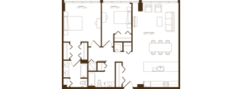 A floor plan of a house with two bedrooms and a living room.