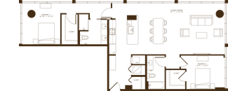 A floor plan of a building with rooms and corridors.