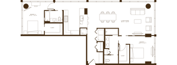A floor plan of a house with a kitchen, living room, and bathrooms.