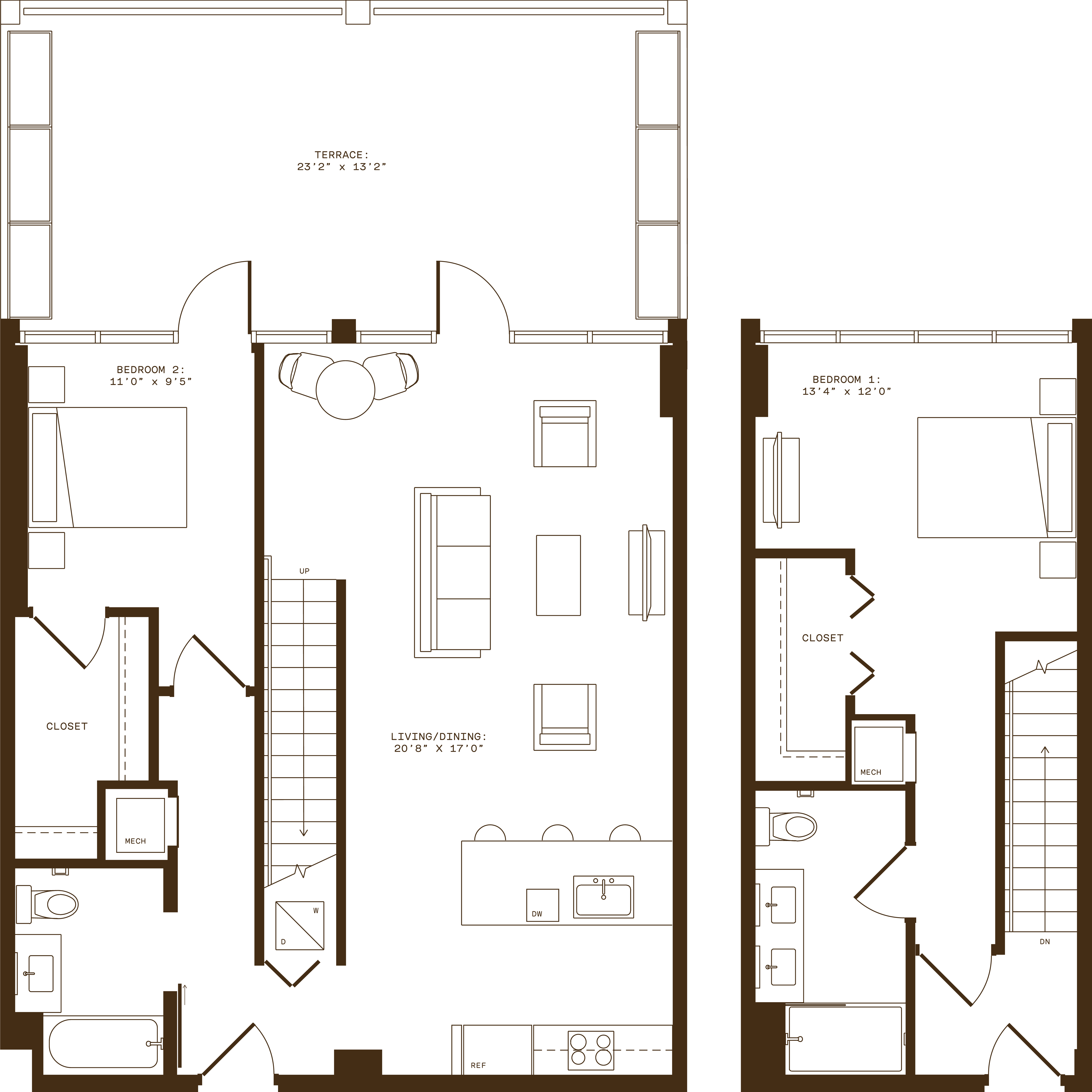 A floor plan of a two-story building with a living room, kitchen, and bedrooms.
