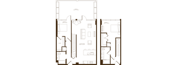 A floor plan of a two-story building with a living room, kitchen, and bedrooms.