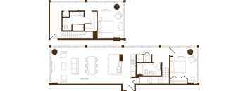 A floor plan of a house with a kitchen, living room, and two bedrooms.