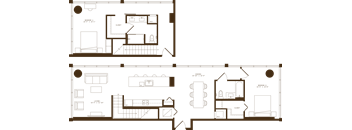 A floor plan of a two-story building with rooms and corridors.